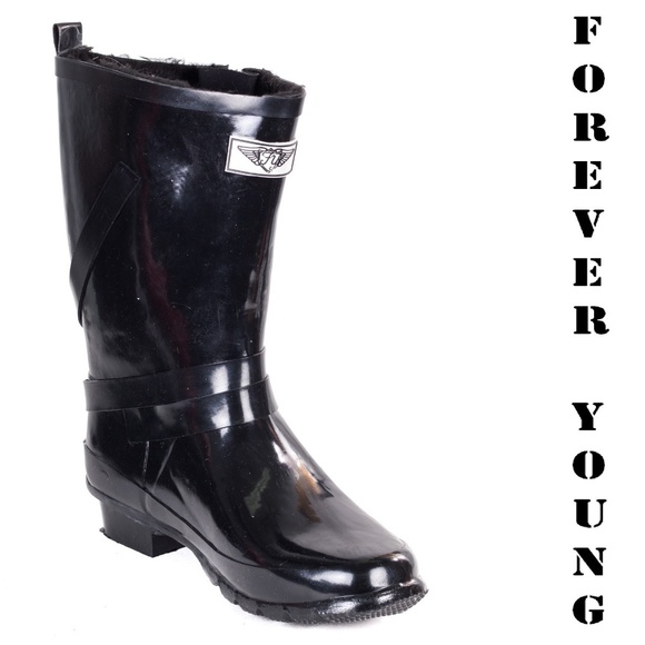 Women's Rainboots, Mid Calf Faux Fur Lined Rain Boots, RB-2414 Black, Size 7 - Picture 1 of 6